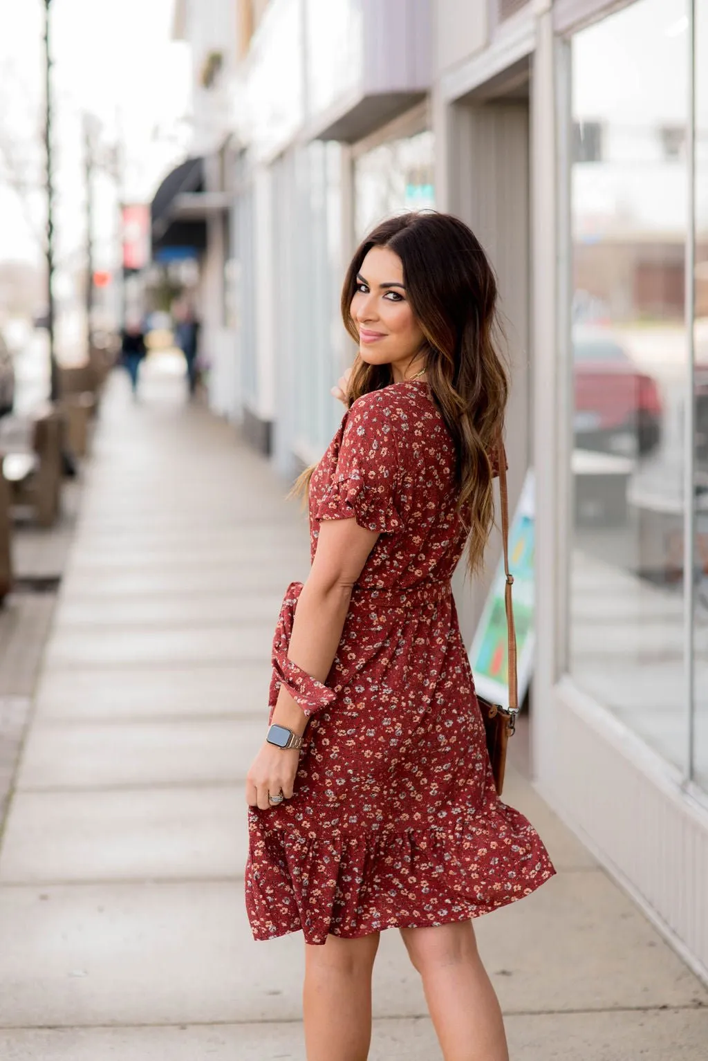 Antique Blooms Ruffle Trim Tie Dress