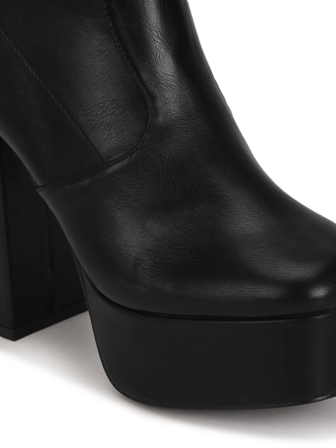 Black Pu Block Heel Ankle Length Boots