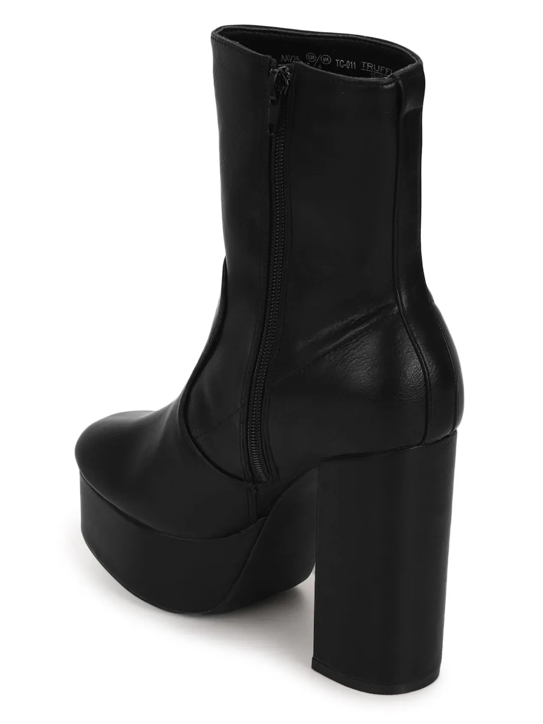 Black Pu Block Heel Ankle Length Boots