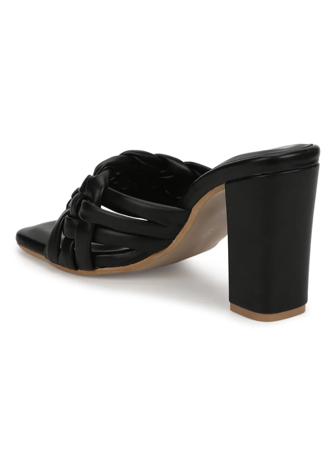 Black PU Braided Block Heel Mules (SLC-R-70)