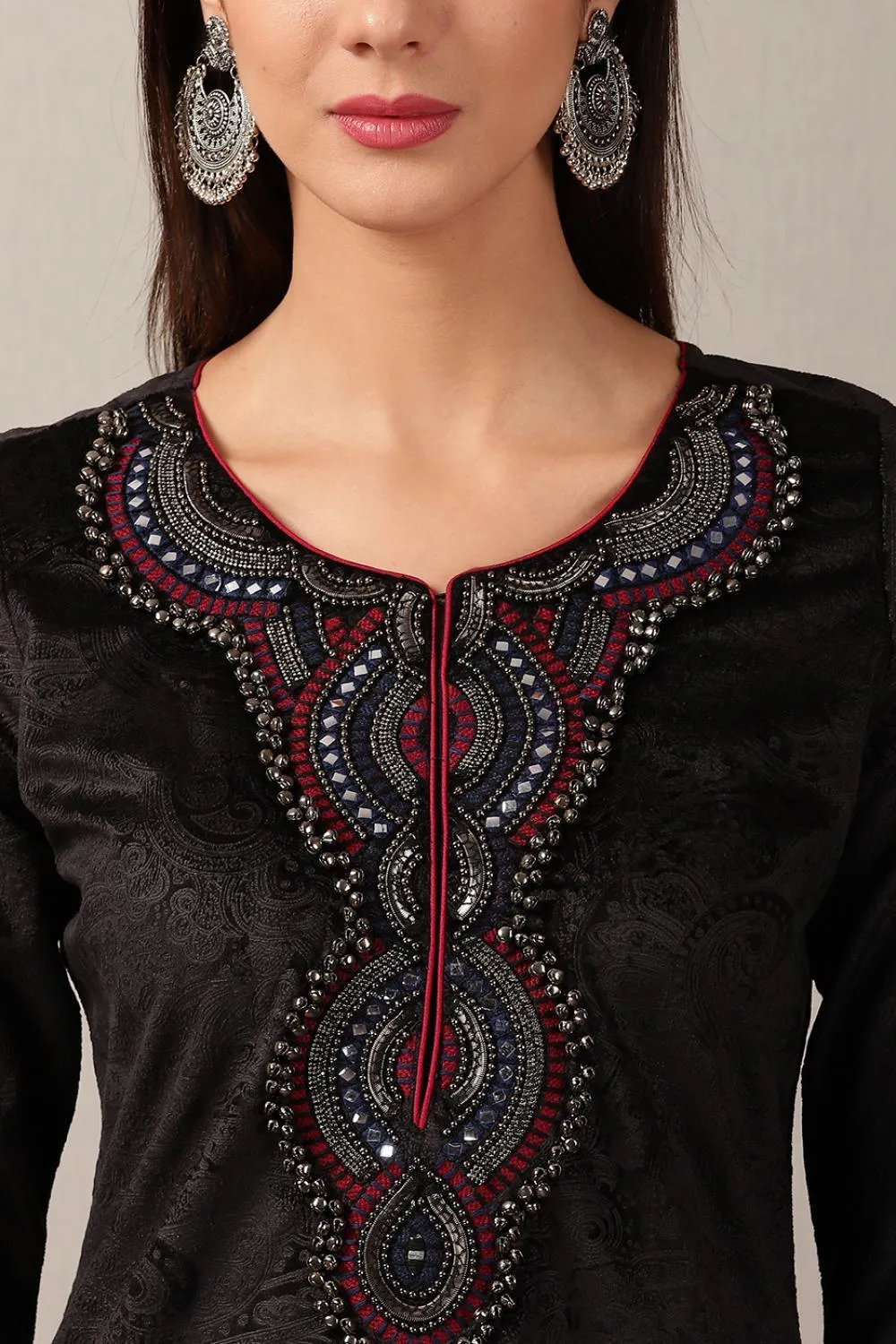 Black Regular Embroidery Velvet Kurta