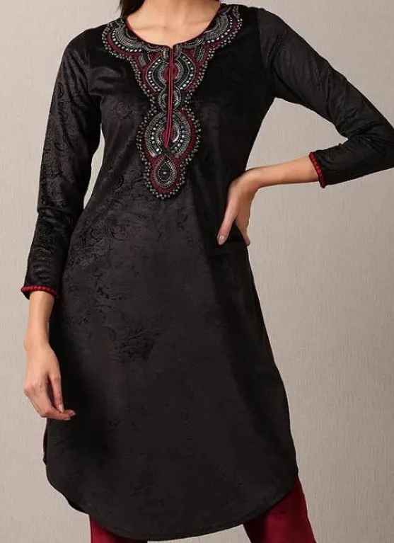 Black Regular Embroidery Velvet Kurta