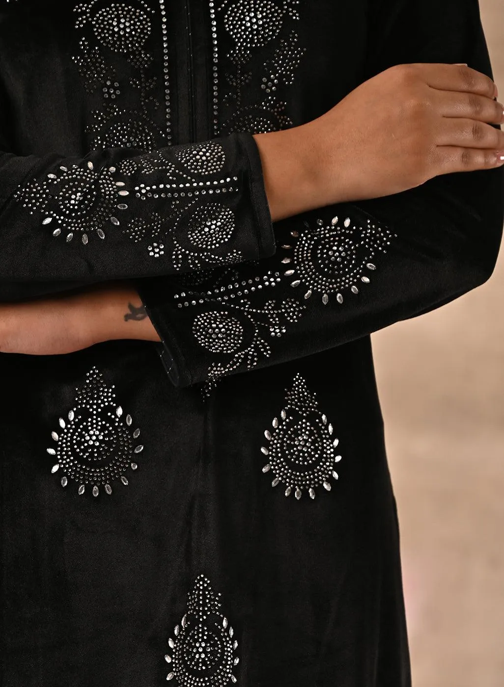 Black Velvet Kurta With Fine Mirror Work