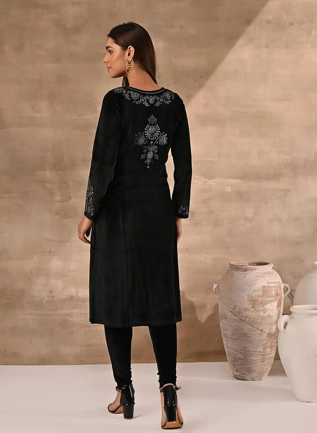 Black Velvet Kurta With Fine Mirror Work