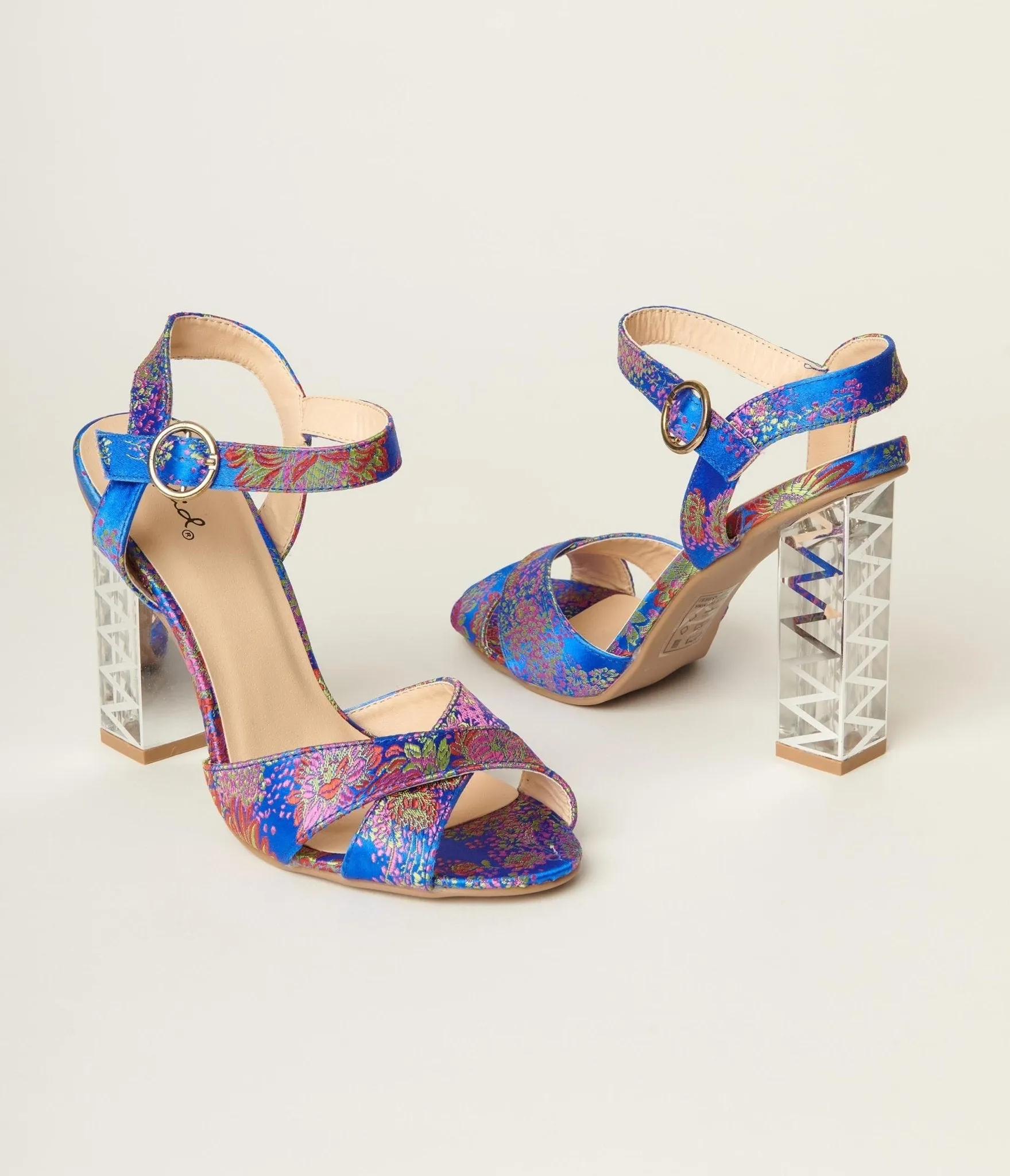 Blue & Multicolor Floral Peep Toe Heels