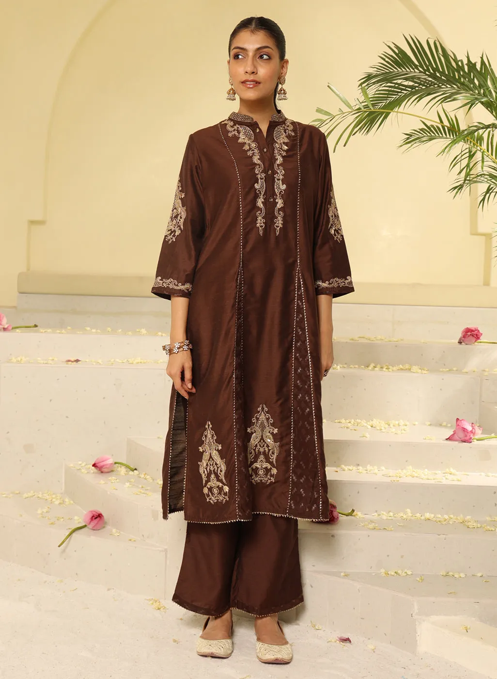 Brown Embroidered Sequins Work Kurta Set