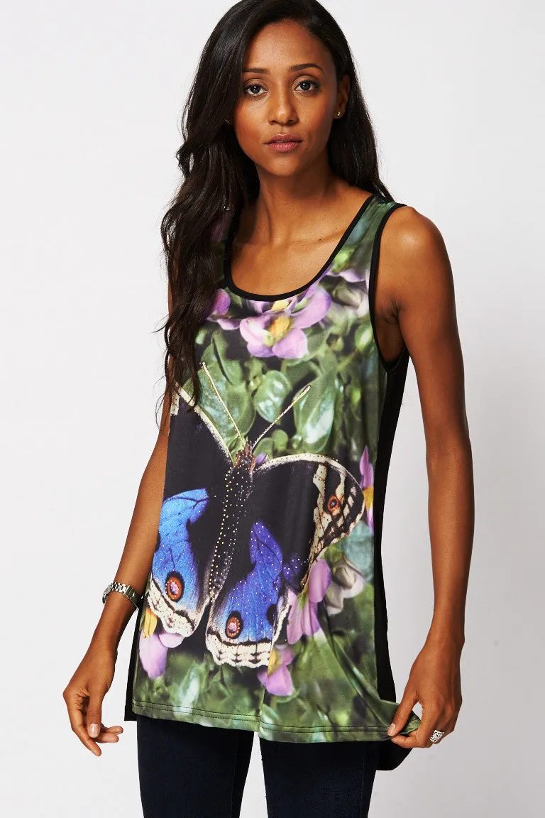 Butterfly Print Diamante Sleeveless Top