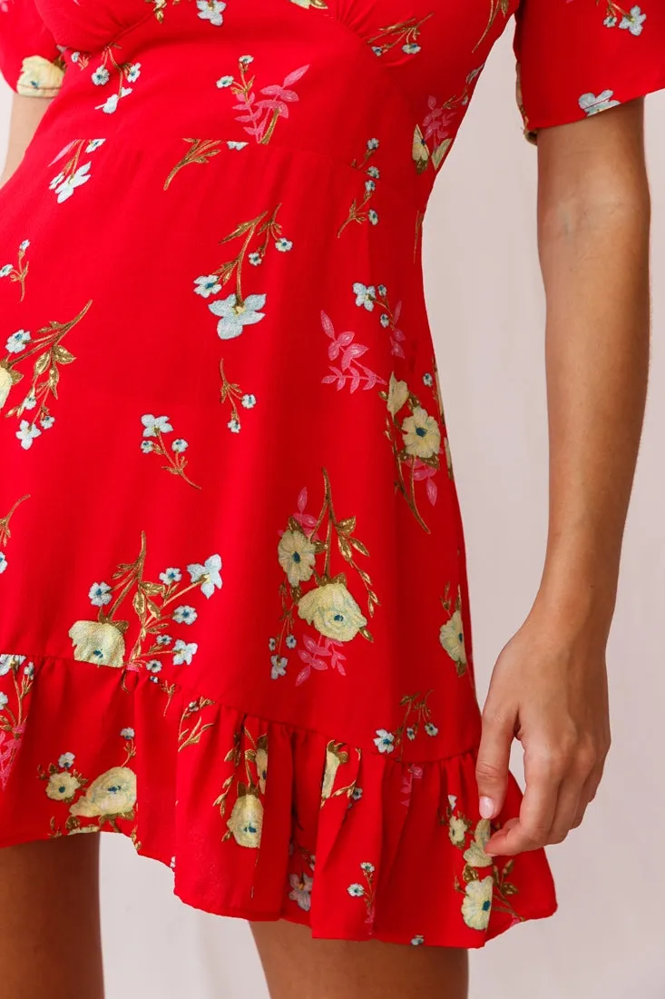 Clare Floral Puff Sleeve Mini Dress Red