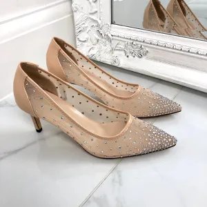 Claudia - Nude Patent Mesh Diamante Pointed Toe Low Heels