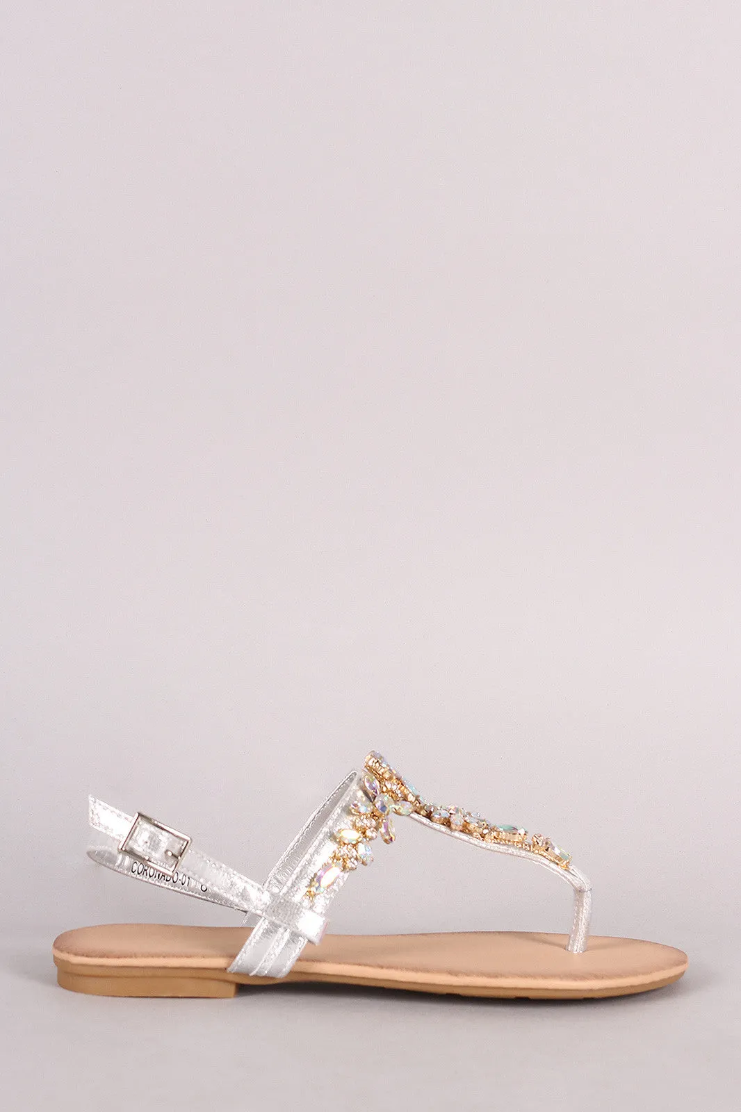 Cluster Jeweled T-Strap Slingback Thong Flat Sandal