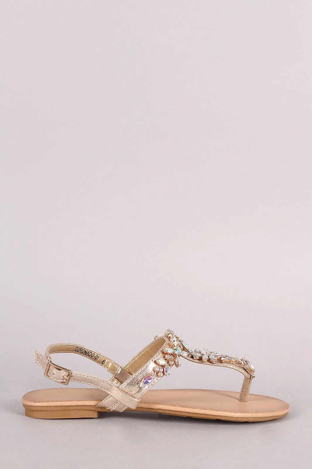 Cluster Jeweled T-Strap Slingback Thong Flat Sandal