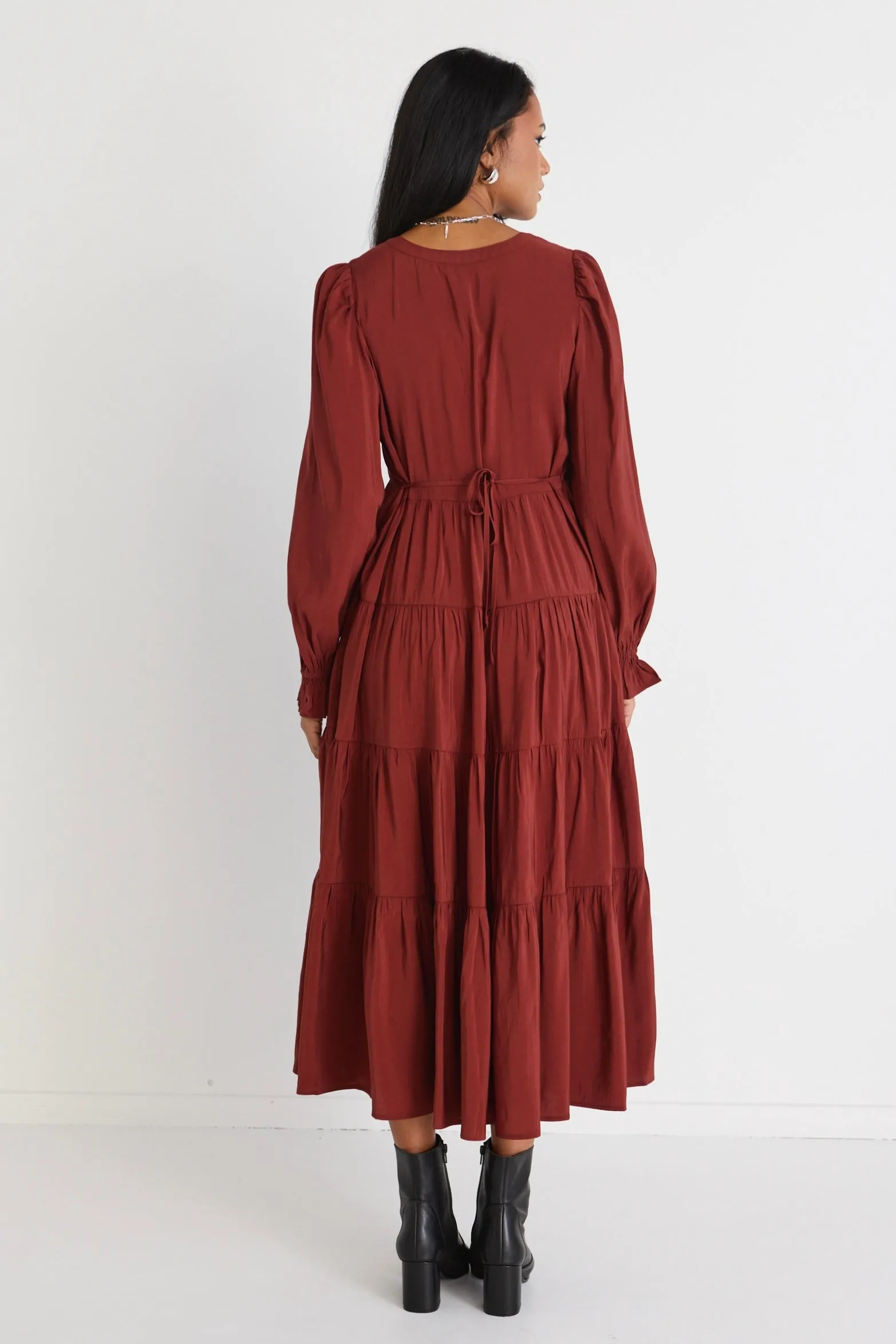 Compelling Copper LS Button Front Tiered Maxi Dress