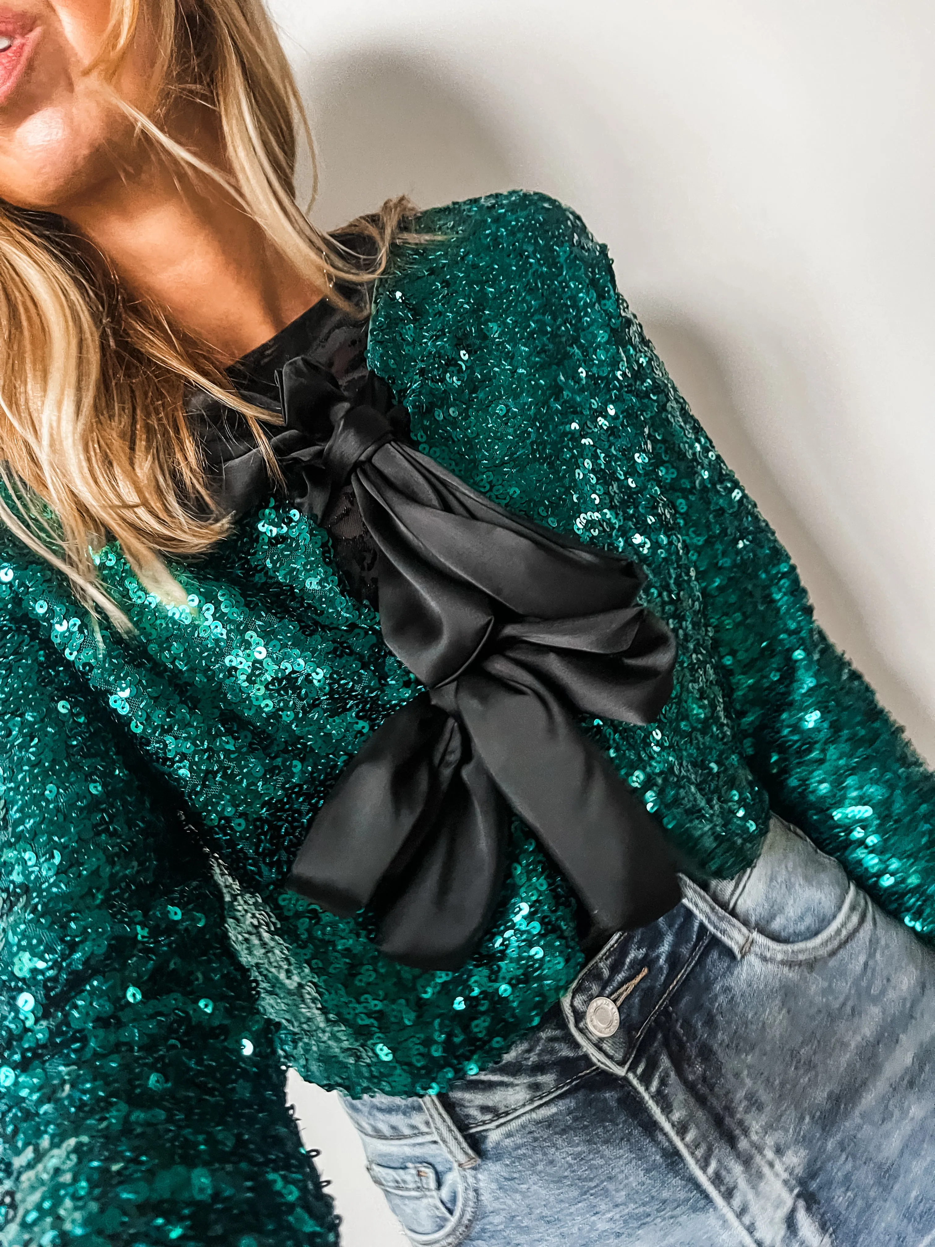 Cropped Sequin Tie-Front Top