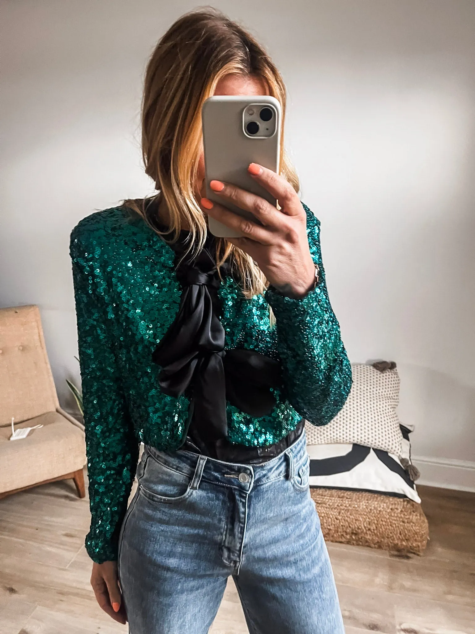 Cropped Sequin Tie-Front Top