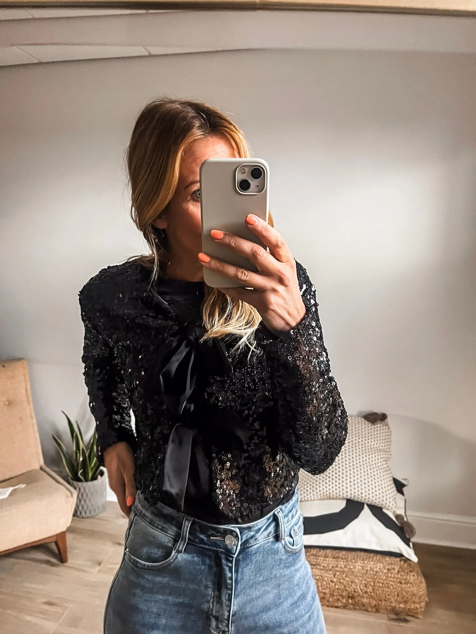 Cropped Sequin Tie-Front Top