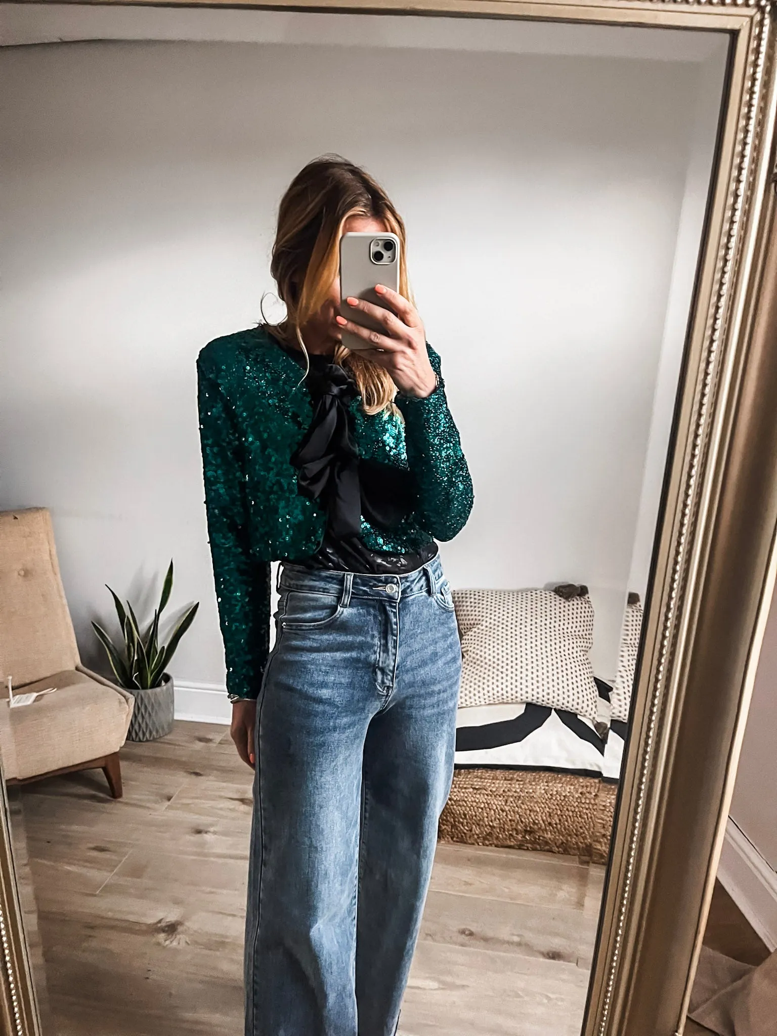 Cropped Sequin Tie-Front Top