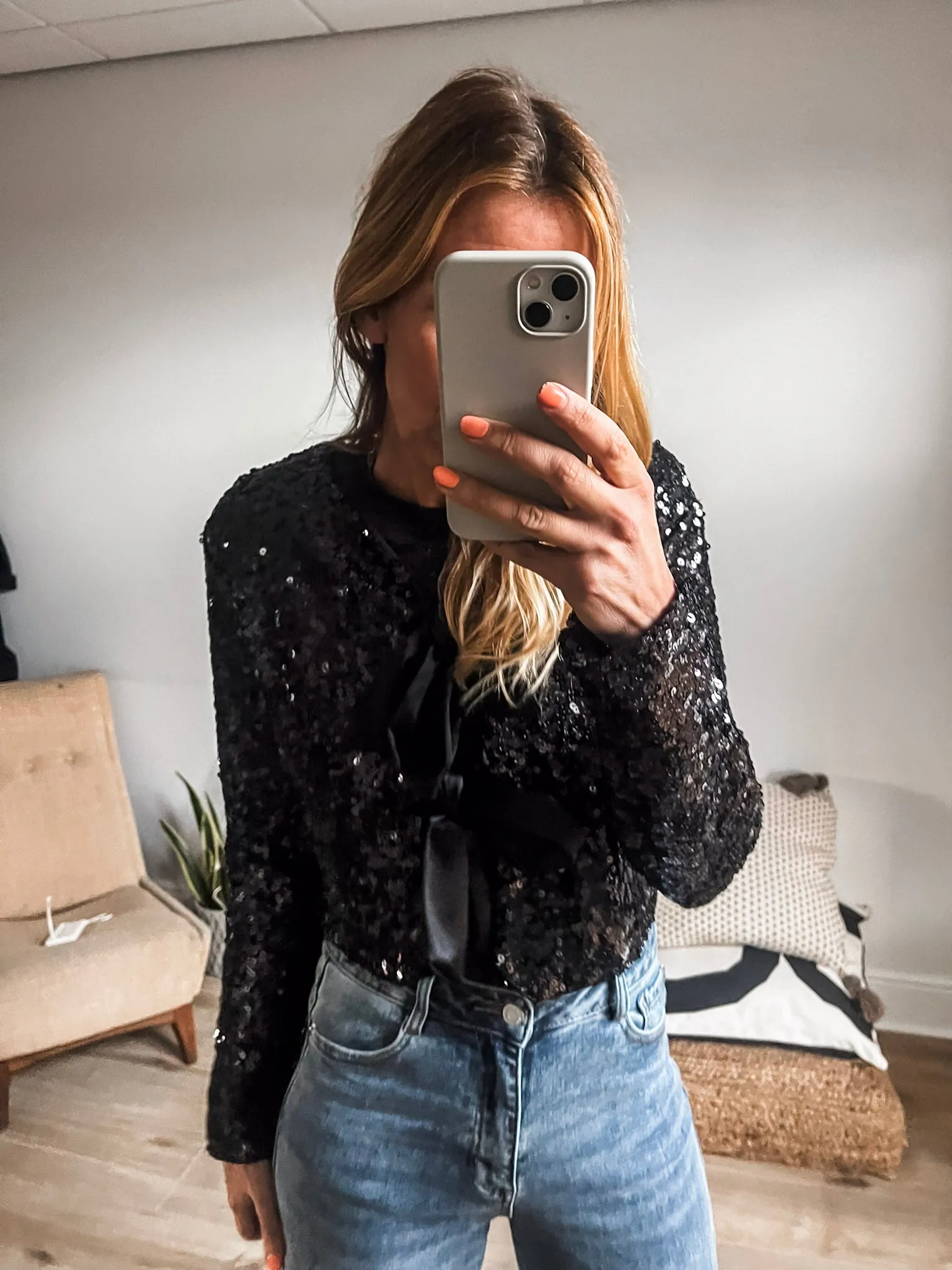 Cropped Sequin Tie-Front Top