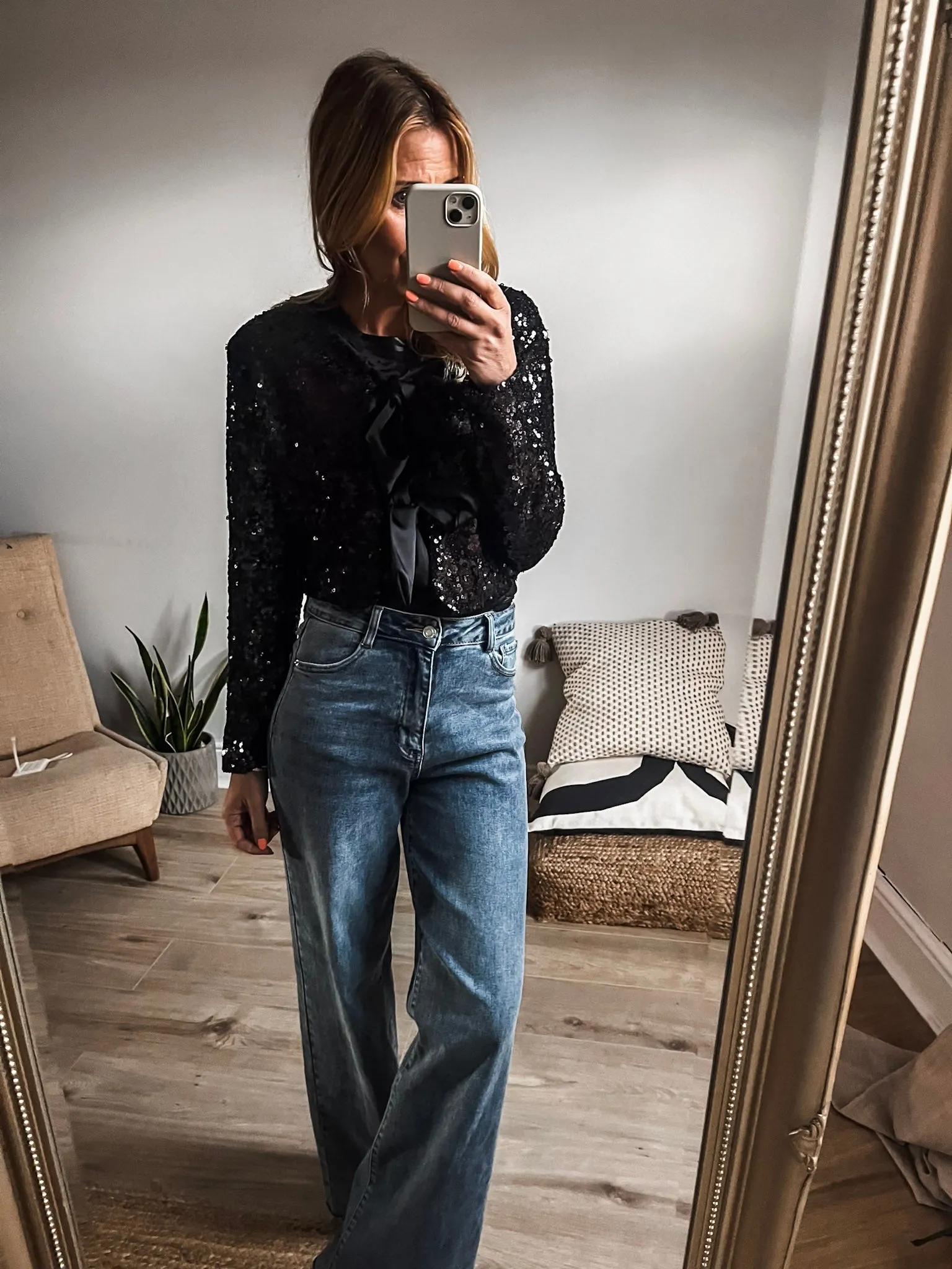 Cropped Sequin Tie-Front Top