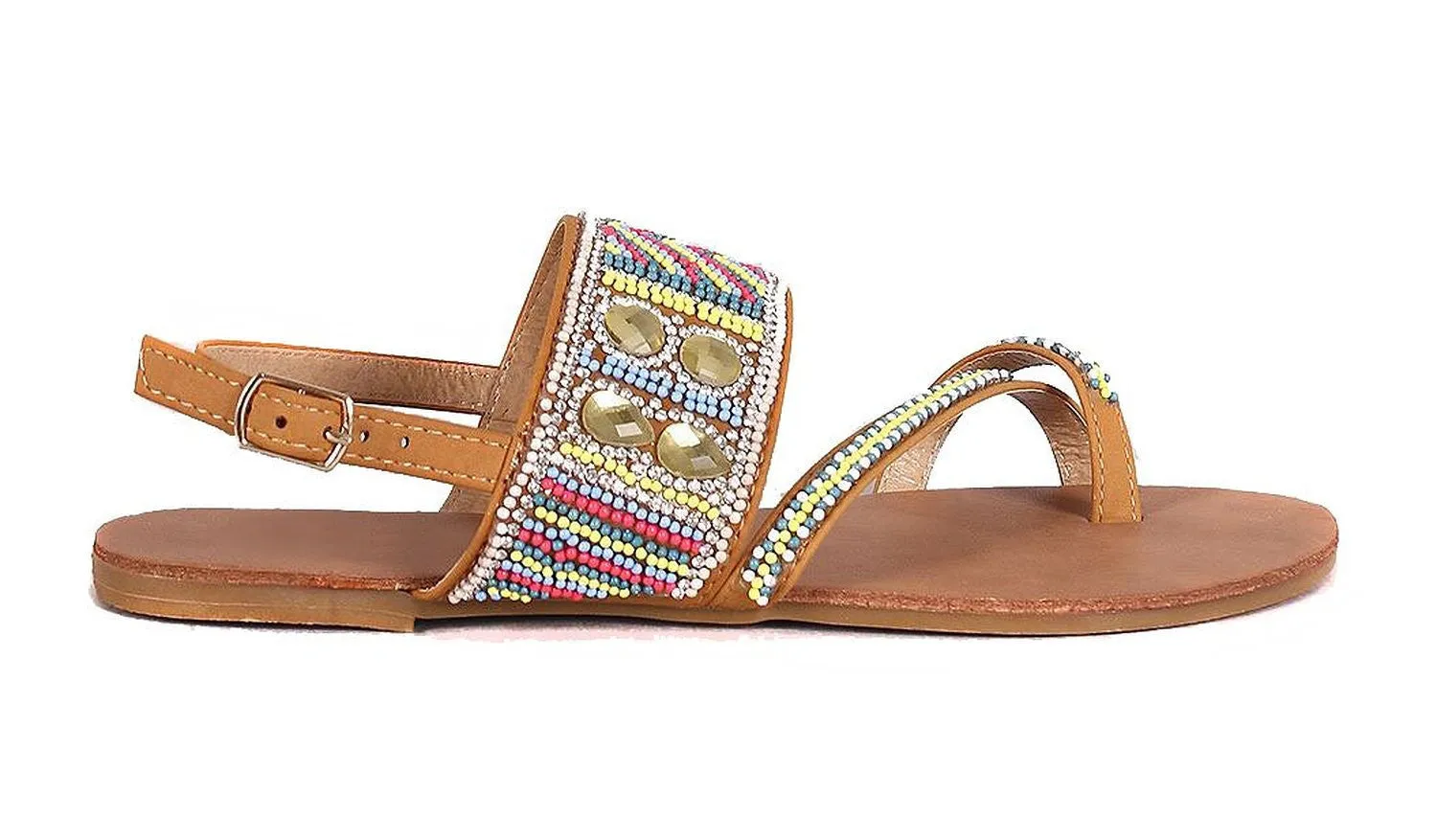 Dazzling Rhinestone Toe Ring Slingback Flat Vegan Leather Sandal