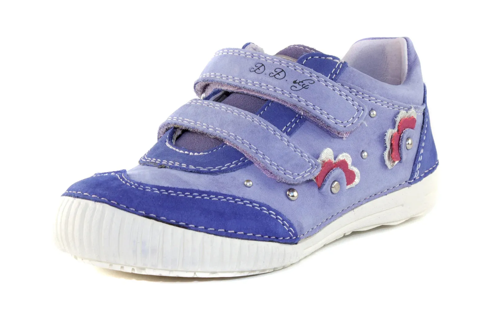 D.D. Step Little Kid Girl Double Strap Shoes Purple With Red And Silver Decor - Supportive Leather From Europe Kids Orthopedic