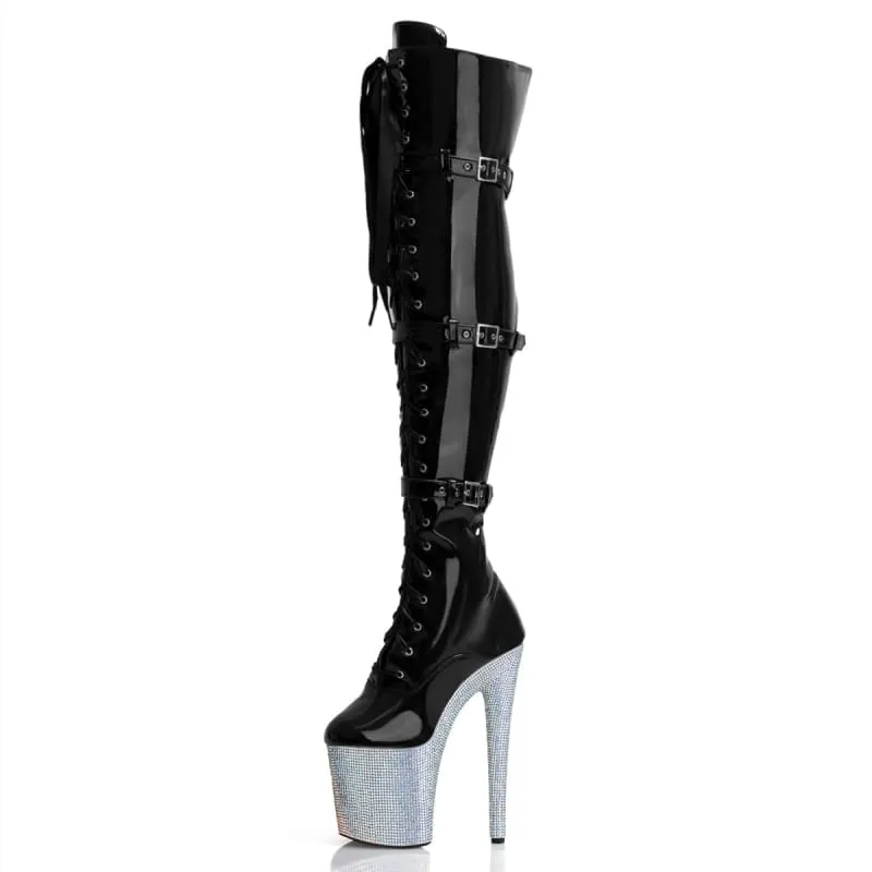 Fearless Confidence in Multi Buckle 8inch Rhinestone Platform Boots