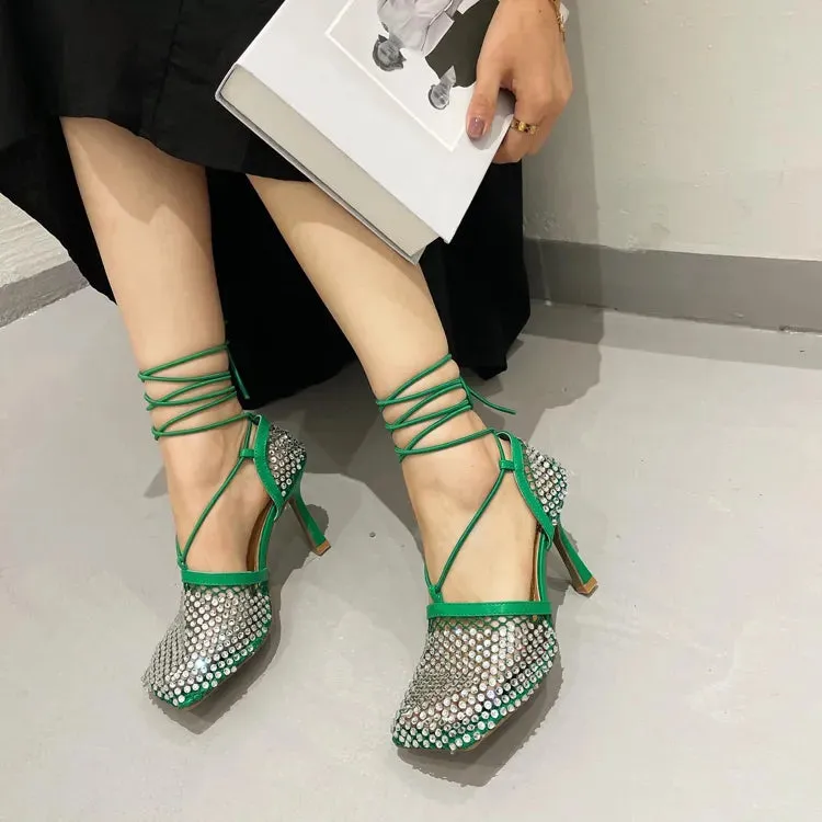 Fishnet Rhinestone Lace up Heels