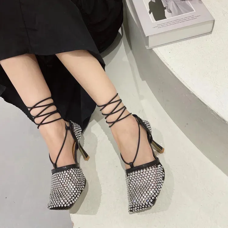 Fishnet Rhinestone Lace up Heels