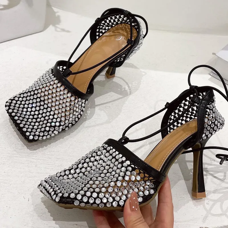 Fishnet Rhinestone Lace up Heels