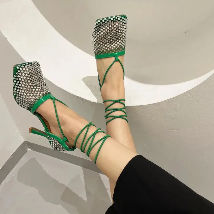 Fishnet Rhinestone Lace up Heels