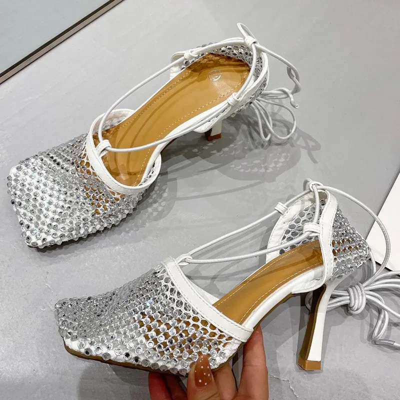 Fishnet Rhinestone Lace up Heels