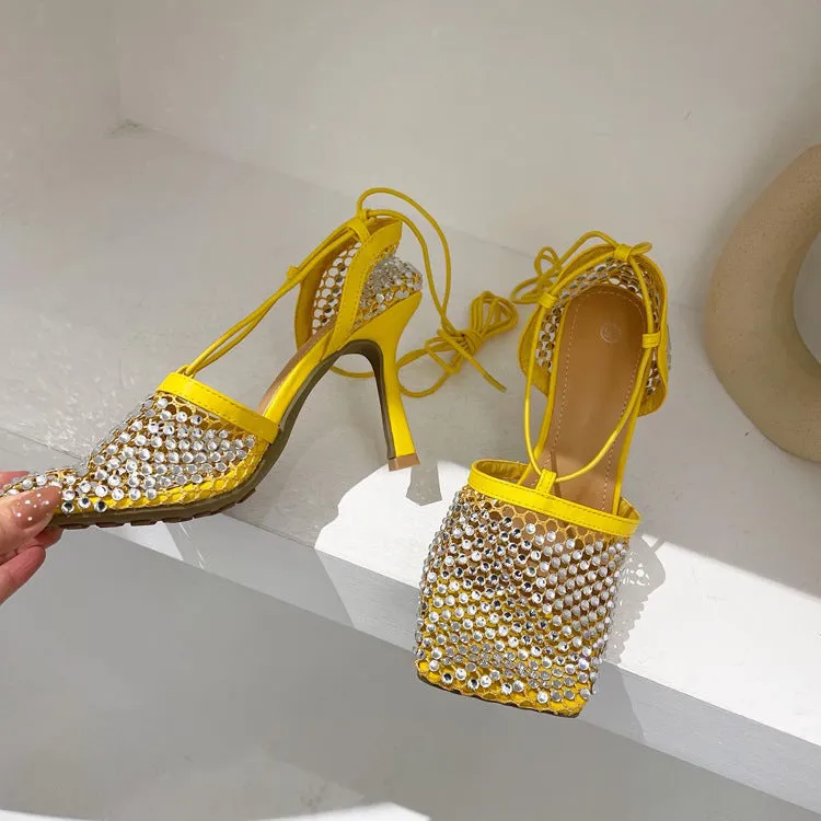 Fishnet Rhinestone Lace up Heels