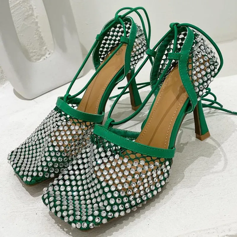 Fishnet Rhinestone Lace up Heels