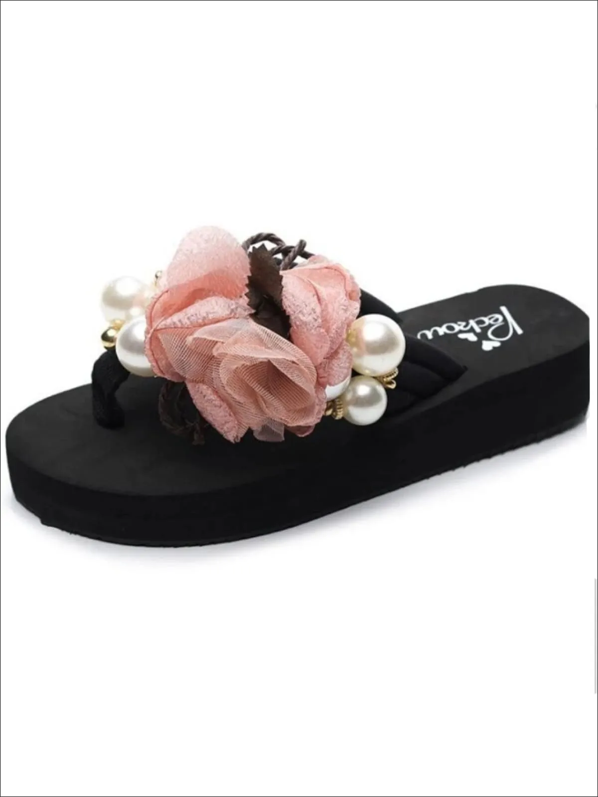 Floral Pearl Embellished Flip Flops By Liv and Mia