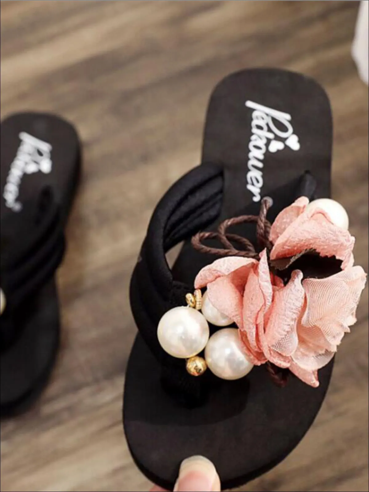 Floral Pearl Embellished Flip Flops By Liv and Mia