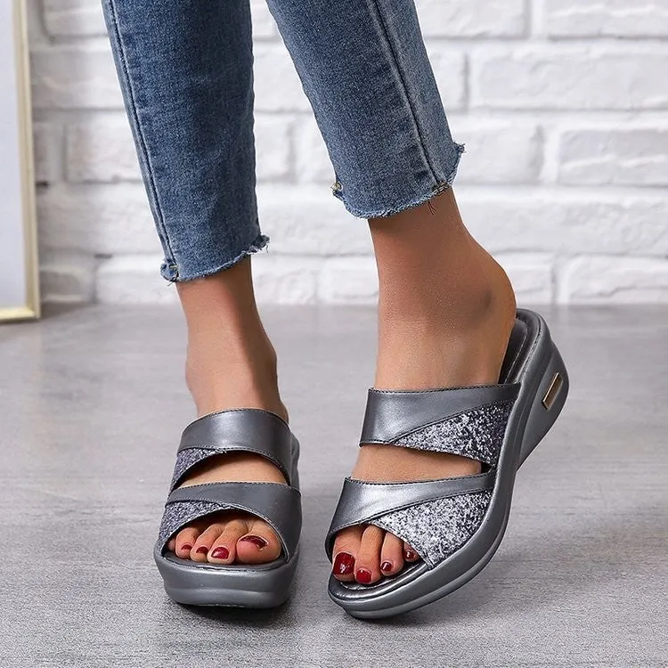 Foreign Trade Cross-Border plus Size Wedge Sandals Women's  Summer New Sequined Peep Toe Platform Outdoor Slippers Wholesale