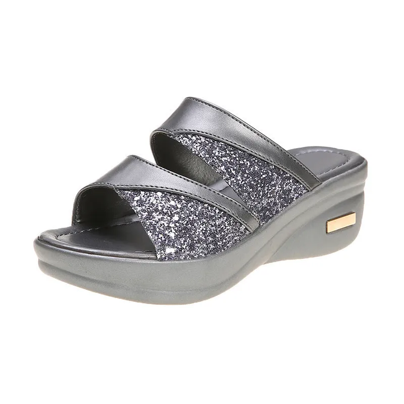 Foreign Trade Cross-Border plus Size Wedge Sandals Women's  Summer New Sequined Peep Toe Platform Outdoor Slippers Wholesale