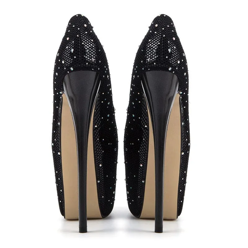 Glittery Stocking Covered Platform Heels with Diamante Rhinestone Detail