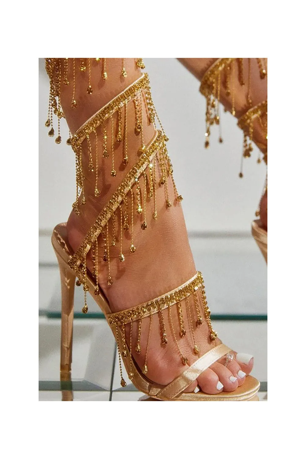 Golden Sparkly Strappy High Heeled Sandals With Tassel