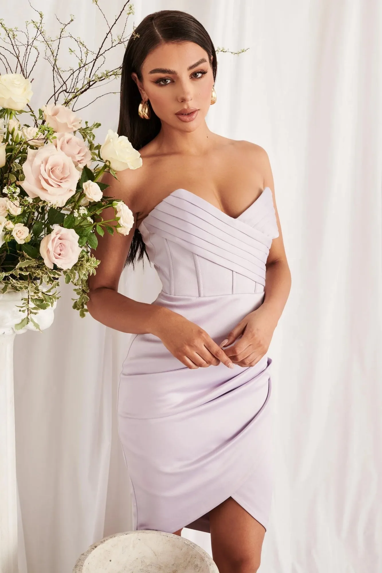 Lavish Alice satin pleated corset bandeau midi dress in lilac