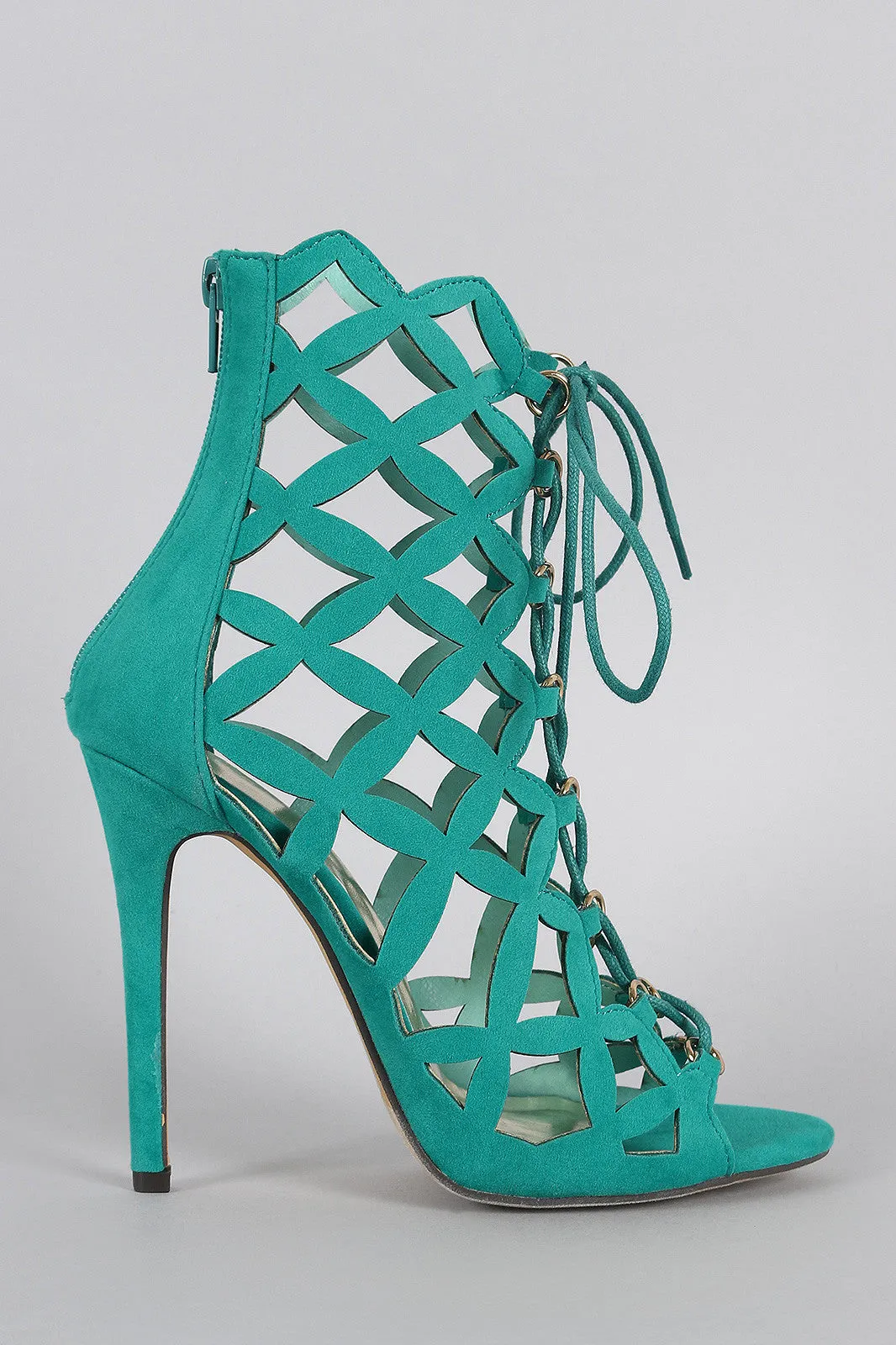 Liliana Suede Caged Intricate Laser-Cut Lace Up Heel