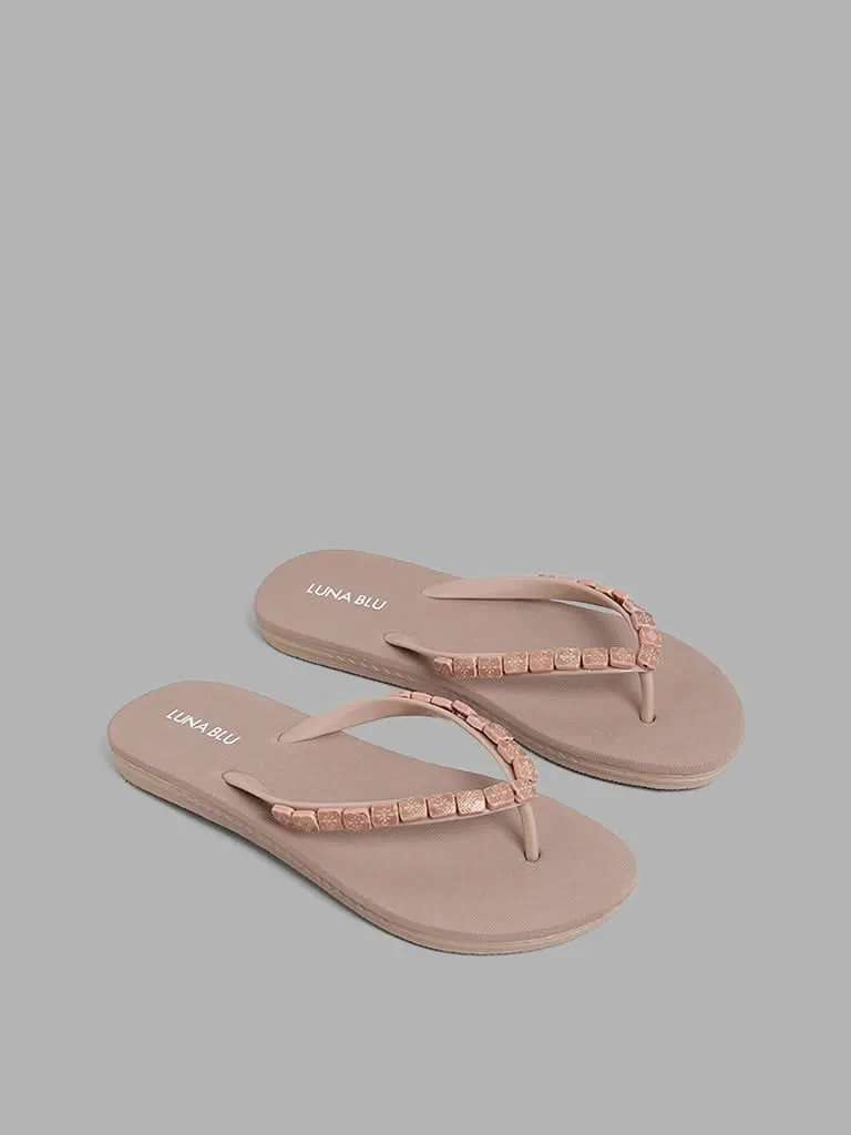 LUNA BLU Beige Beaded Accent Flip Flop