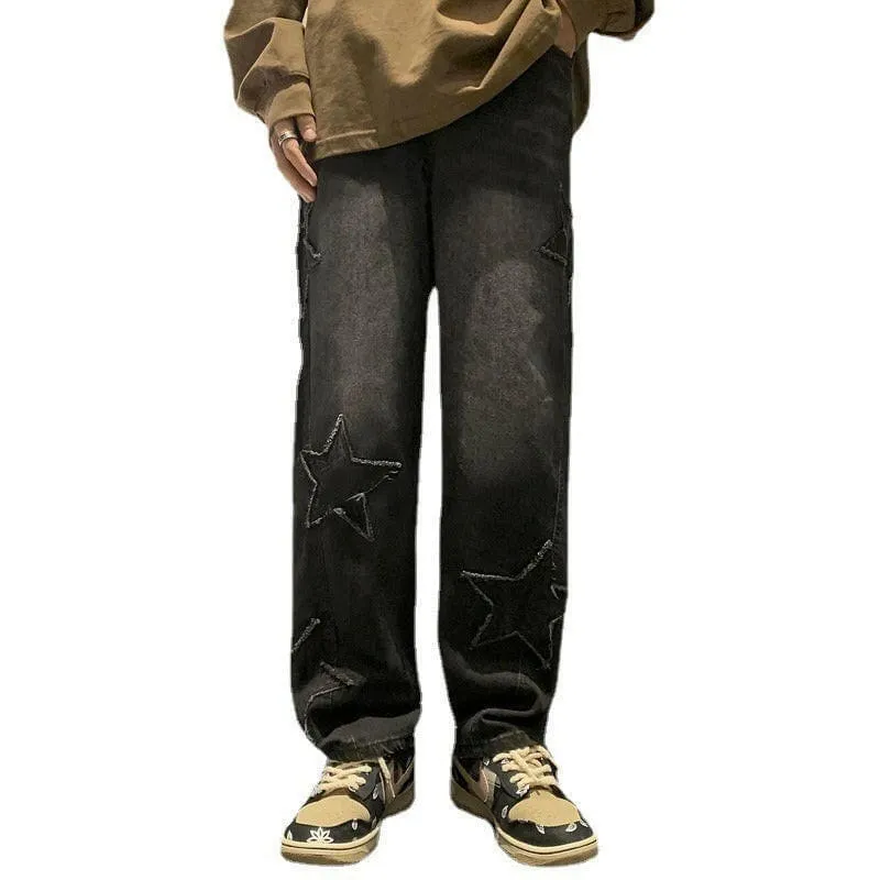 Men’s Wide Leg Baggy Jeans with Star Cutouts for a Unique Look