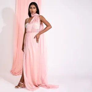 Metallic Peaches Pink Organza Wrap Saree Set