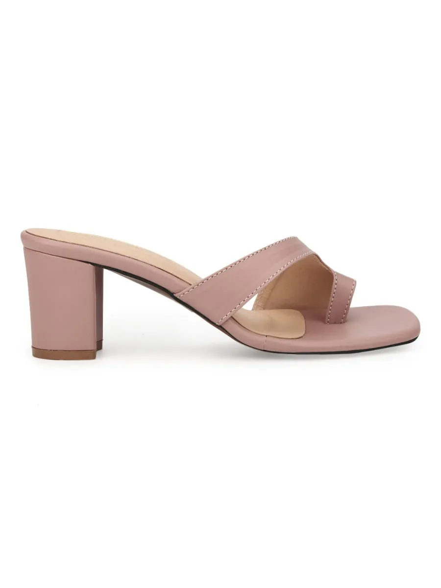 Nude PU Square Toe Block Heel Mules