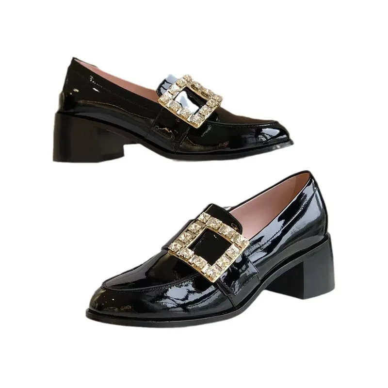 Patent Leather Loafers for Women with Dazzling Diamond in Black