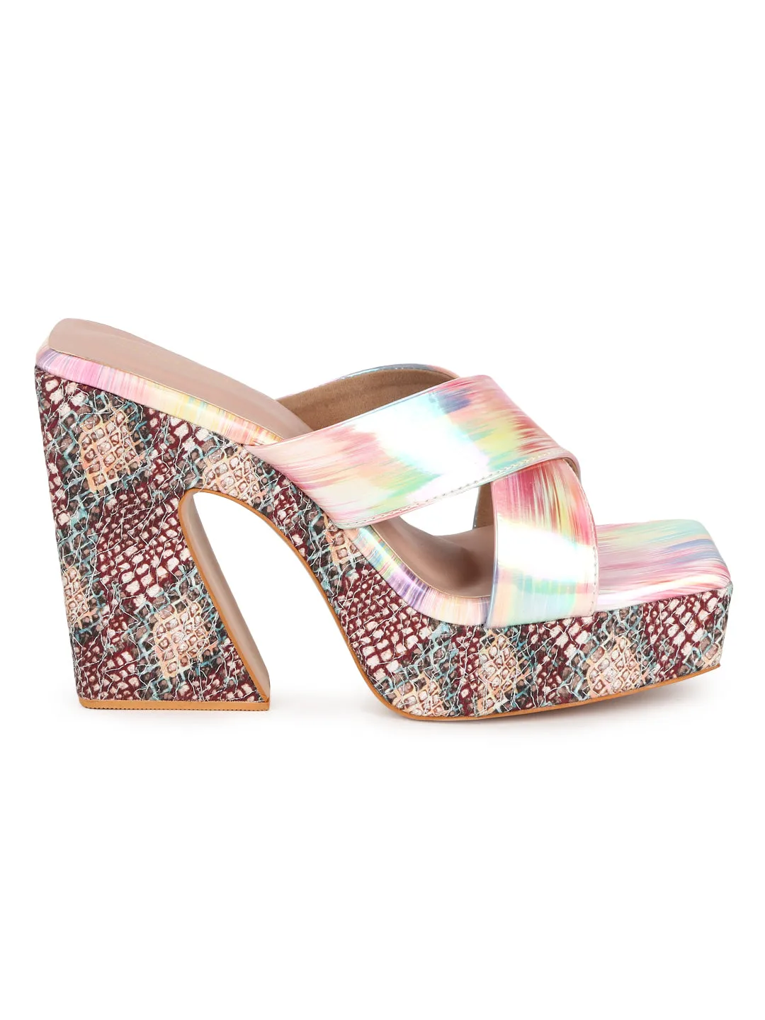 Pink Holographic Wide Strap Platform Mules (TC-MSI-V-111-PNK)