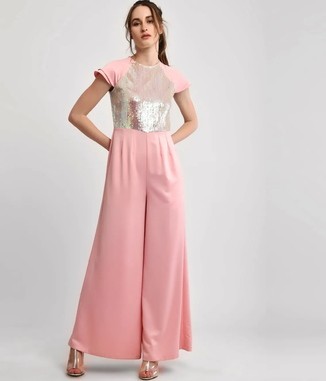 Pink Shimmery Jumpsuit With Petal Sleeve