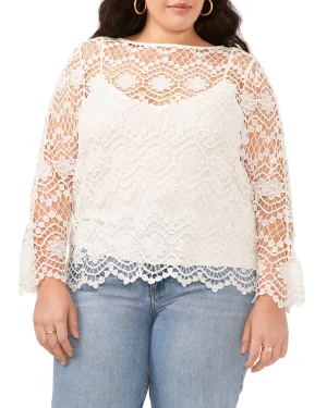 Plus-Size Open-Weave Floral Lace Cropped Blouse