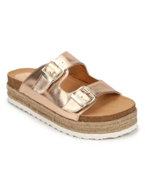 Rose Gold PU Side Buckle Wedges Espadrilles Sandals