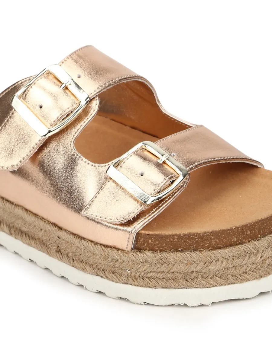 Rose Gold PU Side Buckle Wedges Espadrilles Sandals